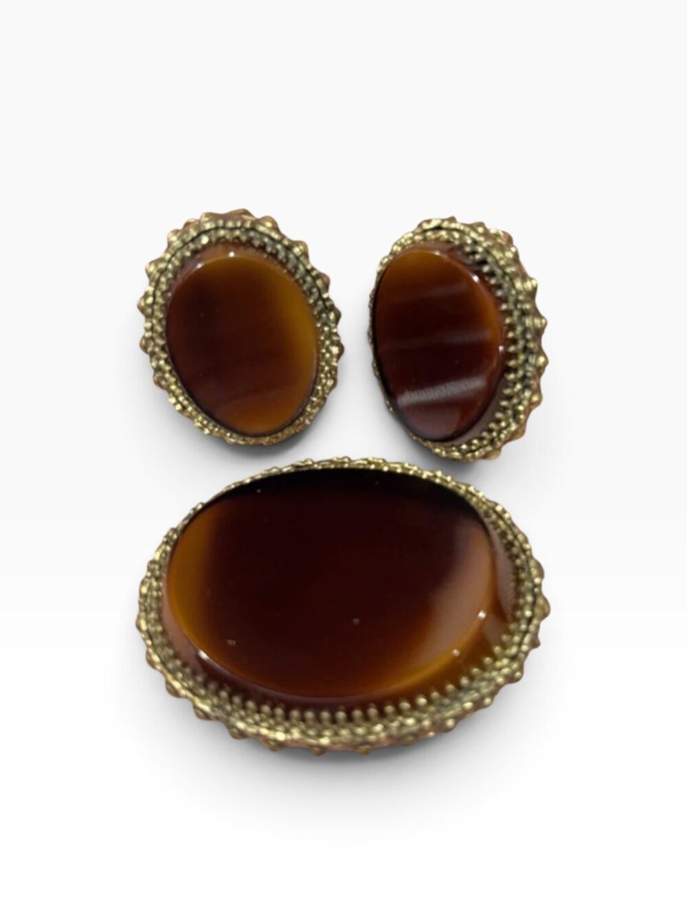 Whiting & Davis Amber Topaz Glass Earrings Gold Tone Signed w/ Brooch Set